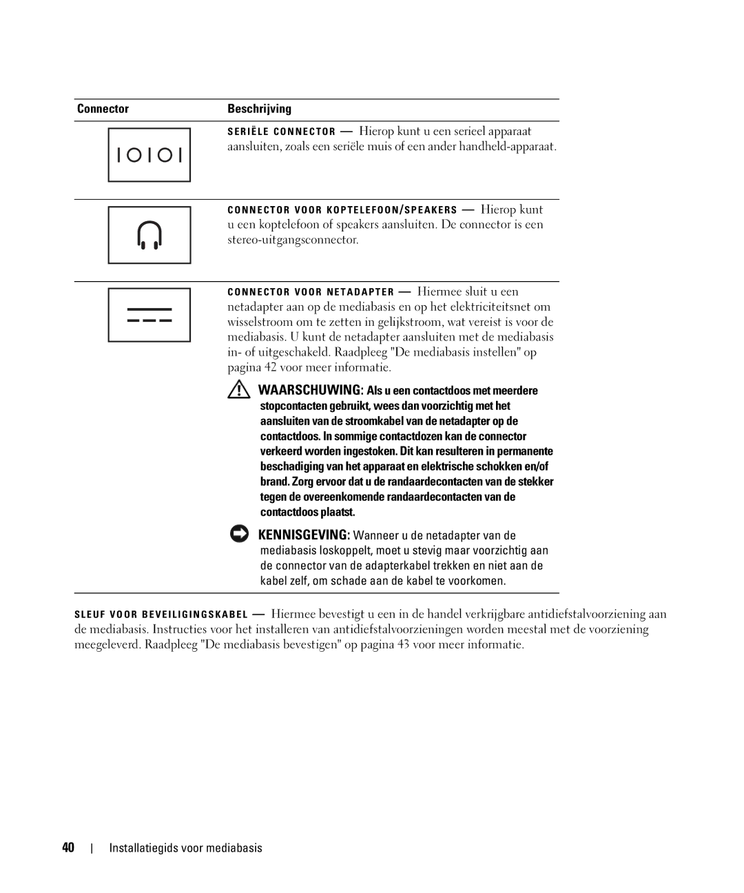 Dell PR09S setup guide Pagina 42 voor meer informatie, Contactdoos plaatst 