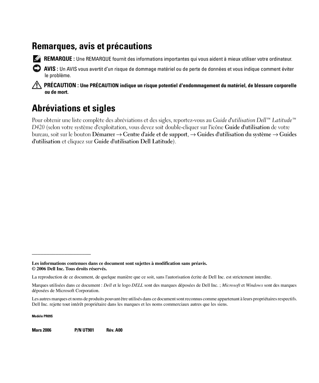 Dell PR09S setup guide Remarques, avis et précautions, Abréviations et sigles 