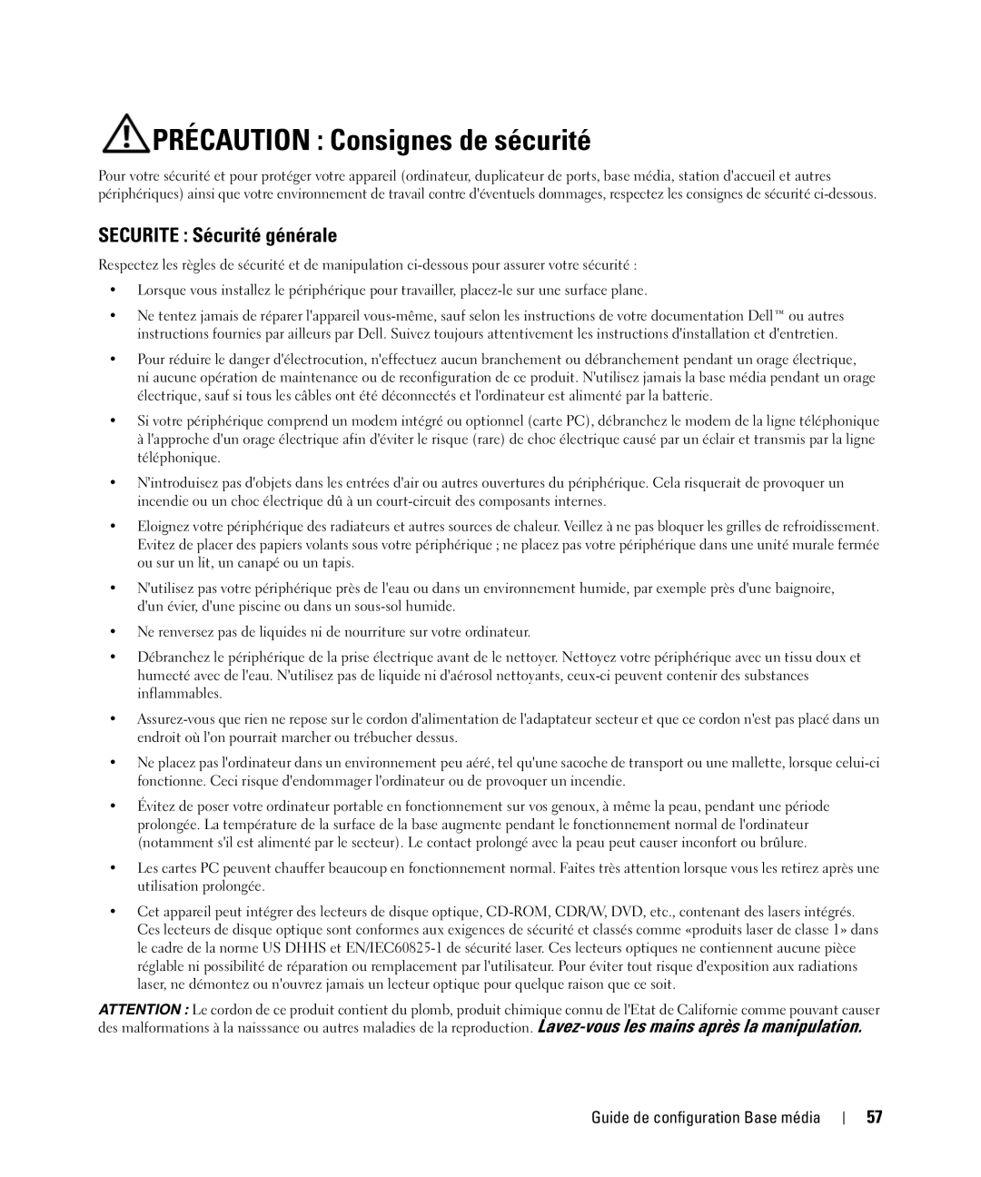 Dell PR09S setup guide Précaution Consignes de sécurité, Securite Sécurité générale 