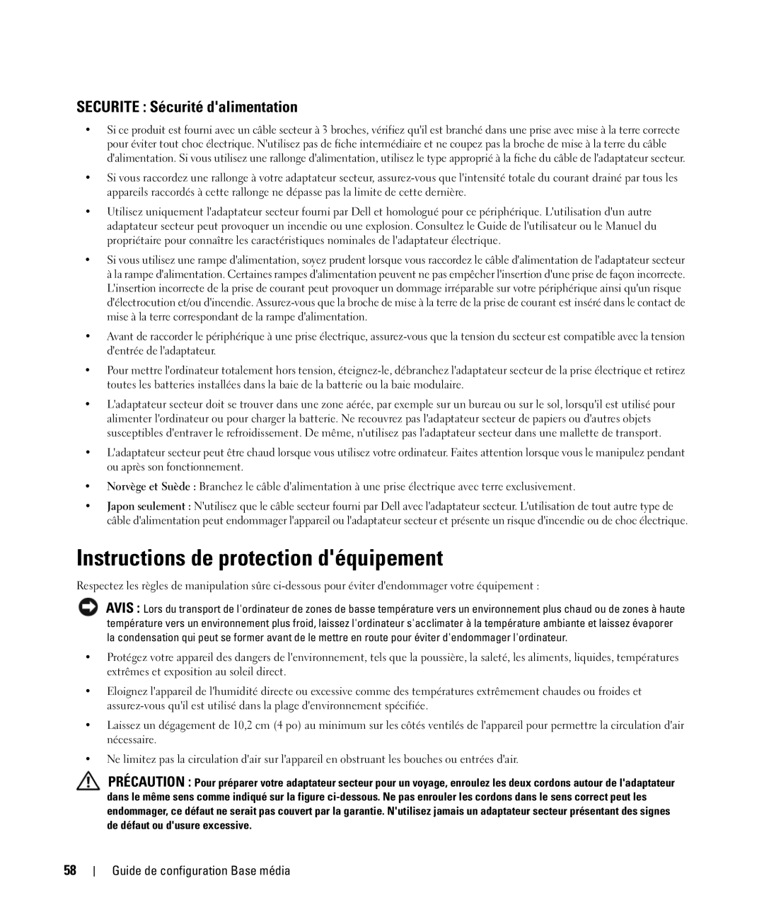 Dell PR09S setup guide Instructions de protection déquipement, Securite Sécurité dalimentation 