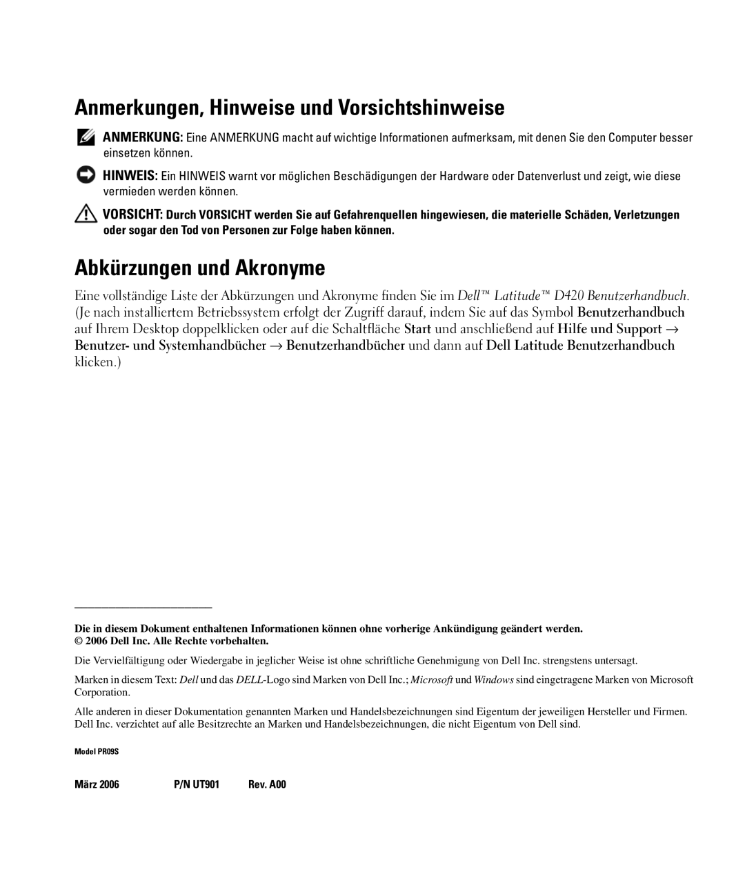 Dell PR09S setup guide Anmerkungen, Hinweise und Vorsichtshinweise, Abkürzungen und Akronyme 