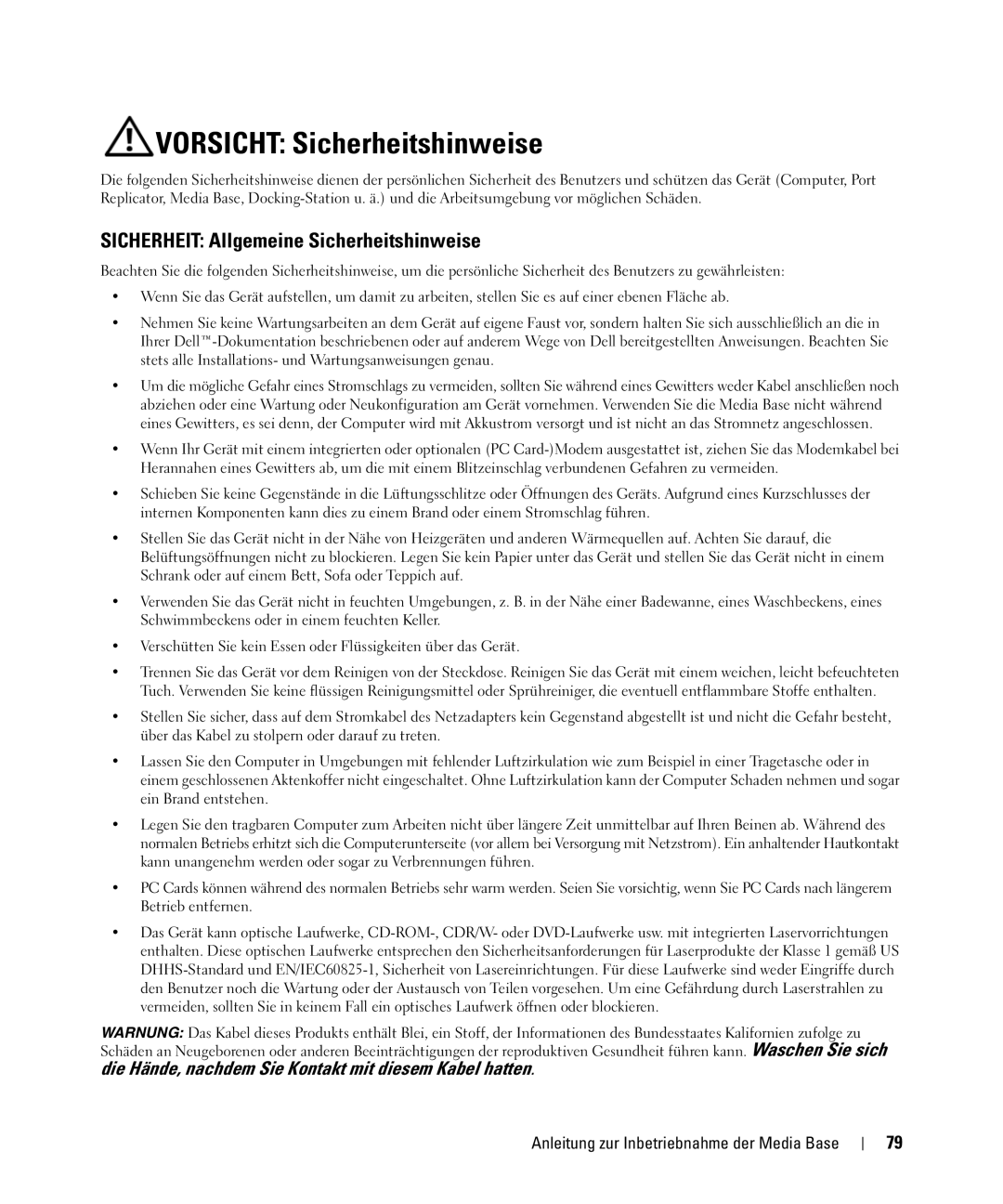 Dell PR09S setup guide Vorsicht Sicherheitshinweise, Sicherheit Allgemeine Sicherheitshinweise 