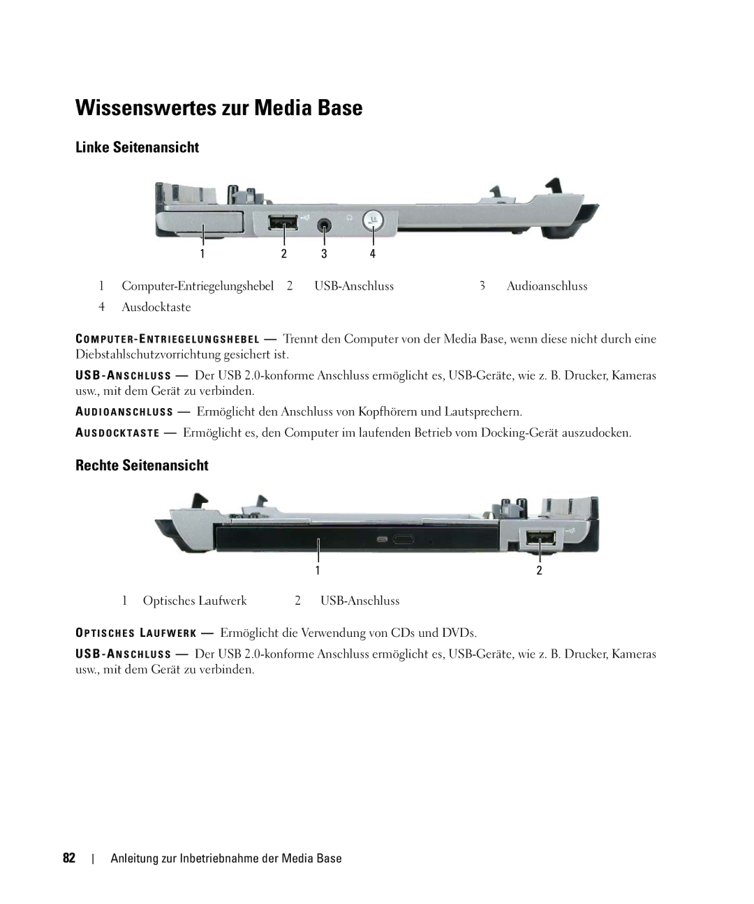 Dell PR09S setup guide Wissenswertes zur Media Base, Linke Seitenansicht, Rechte Seitenansicht 