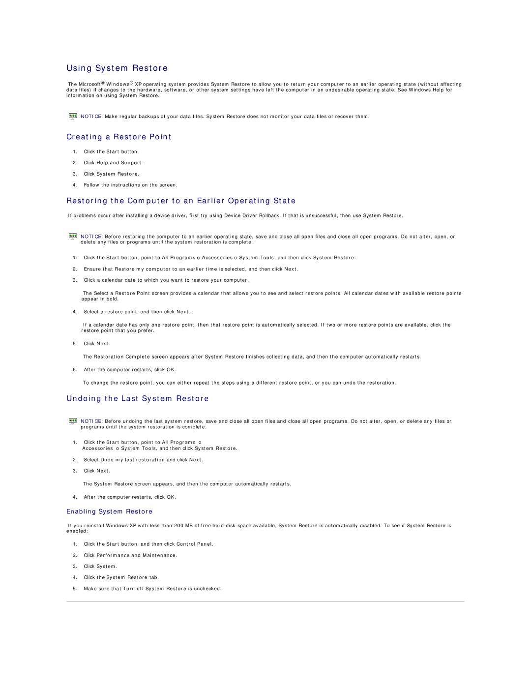 Dell PRECISION WORKSTATION 450 manual Using System Restore, Creating a Restore Point, Undoing the Last System Restore 