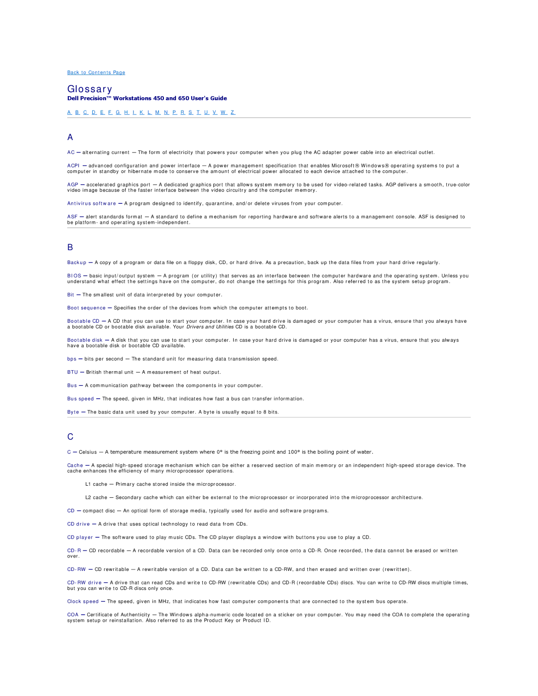 Dell PRECISION WORKSTATION 450 manual Glossary, C D E F G H I K L M N P R S T U V W Z 