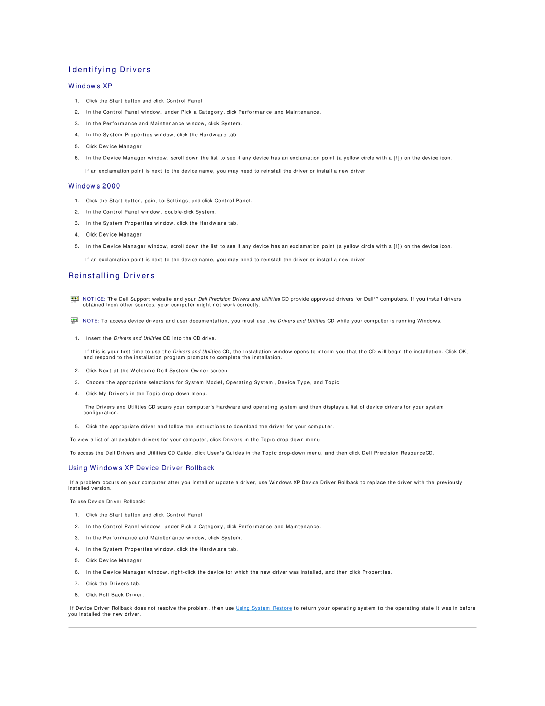 Dell PRECISION WORKSTATION 450 manual Identifying Drivers, Reinstalling Drivers, Windows XP 