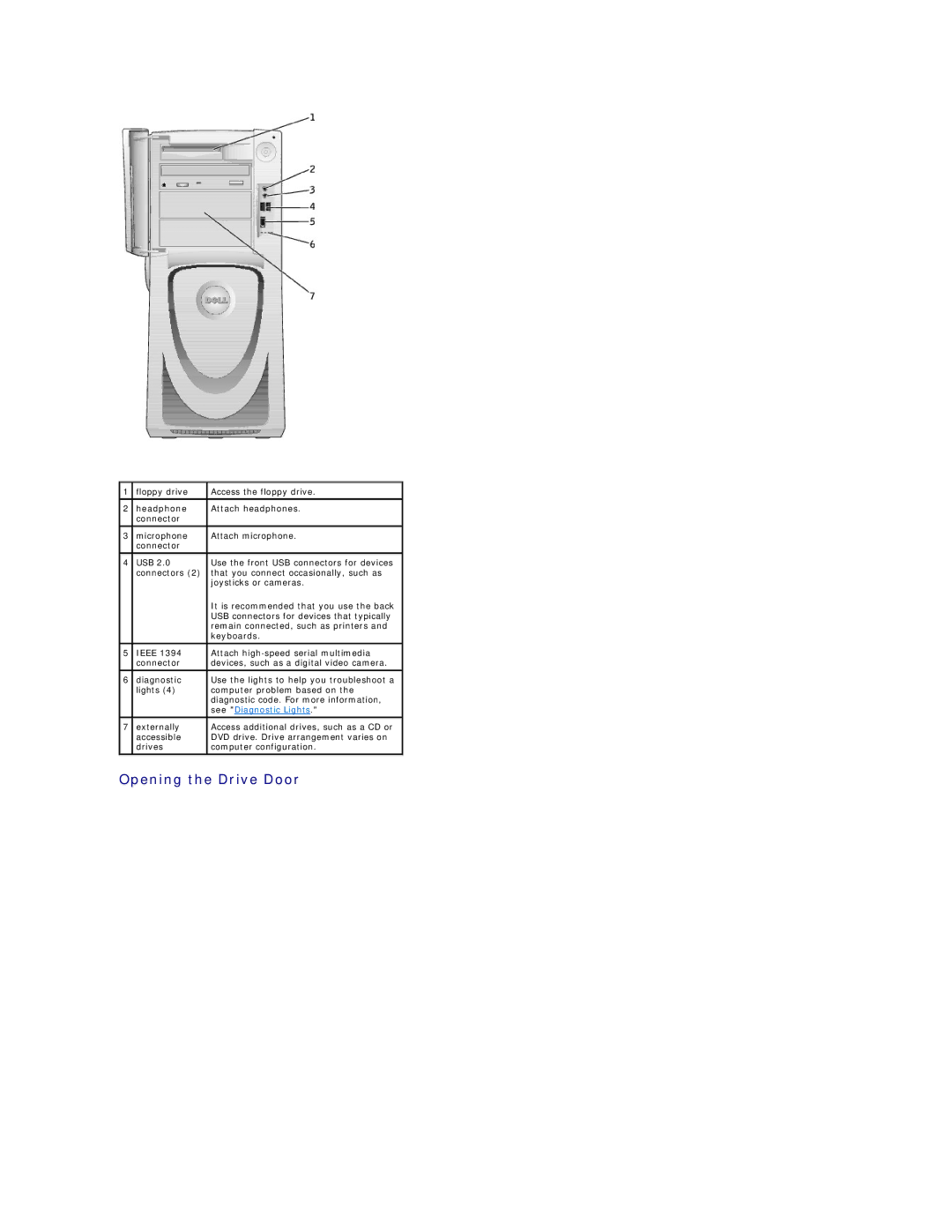 Dell PRECISION WORKSTATION 450 manual Opening the Drive Door, See Diagnostic Lights 