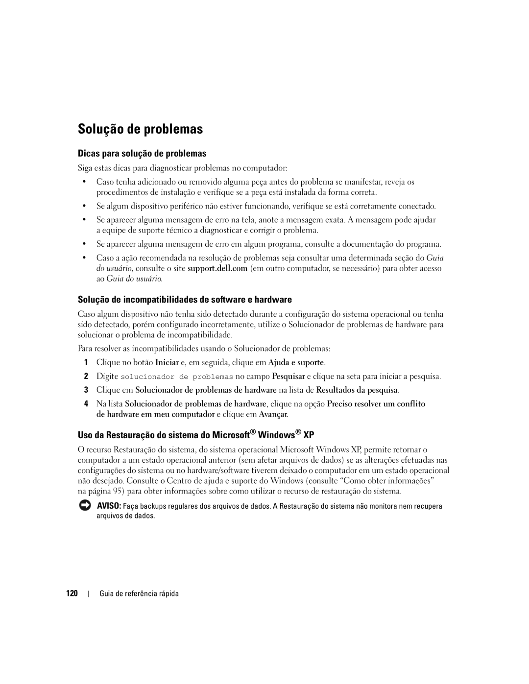 Dell precision workstation manual Solução de problemas, Dicas para solução de problemas, 120 