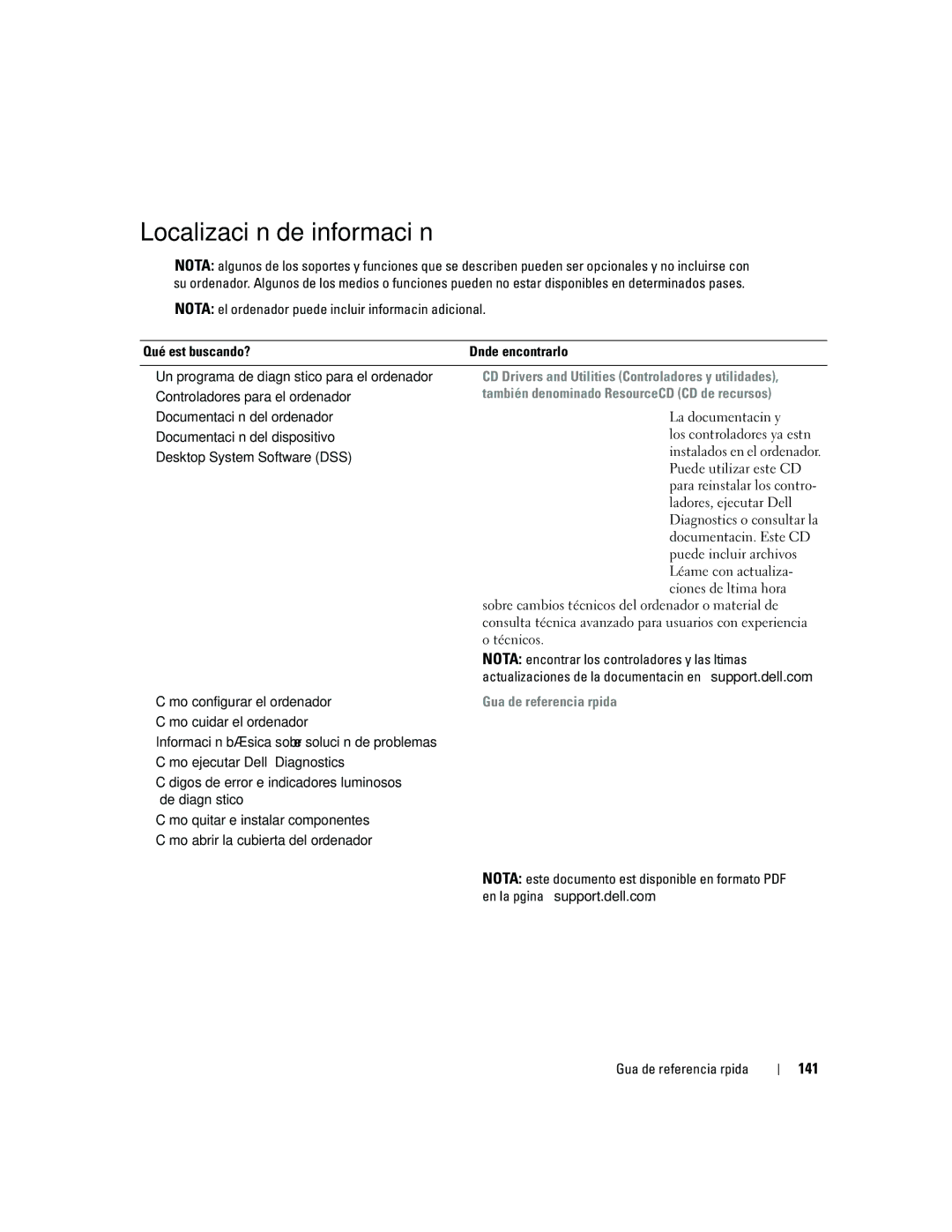 Dell precision workstation manual Localización de información, 141, CD Drivers and Utilities Controladores y utilidades 