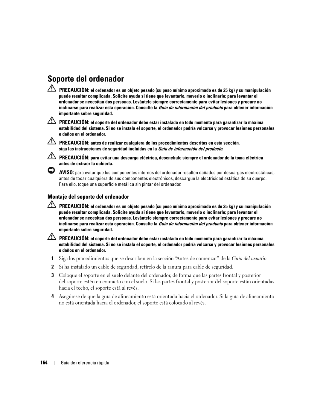 Dell precision workstation manual Soporte del ordenador, Montaje del soporte del ordenador, 164 