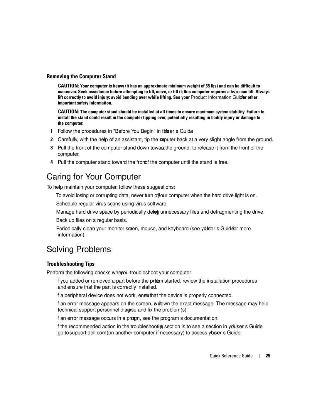 Dell precision workstation Caring for Your Computer, Solving Problems, Removing the Computer Stand, Troubleshooting Tips 