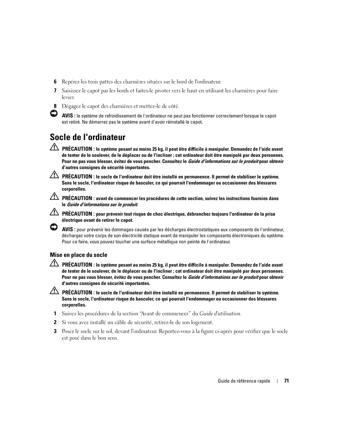 Dell precision workstation manual Socle de lordinateur, Mise en place du socle 