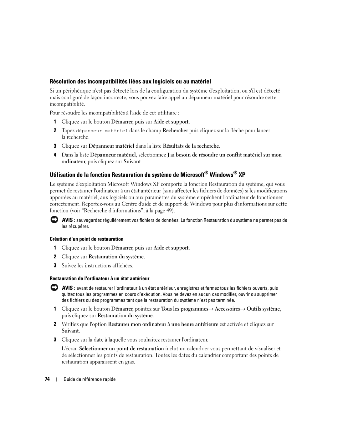 Dell precision workstation manual Création dun point de restauration, Restauration de lordinateur à un état antérieur 