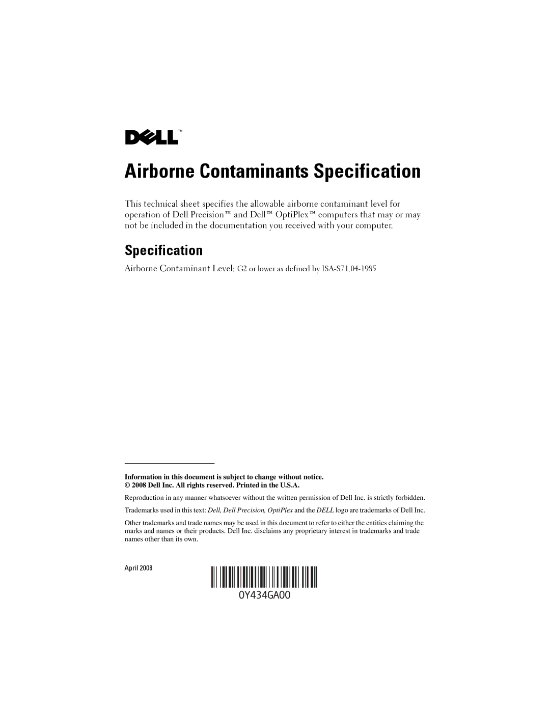 Dell Precision manual Airborne Contaminants Specification 