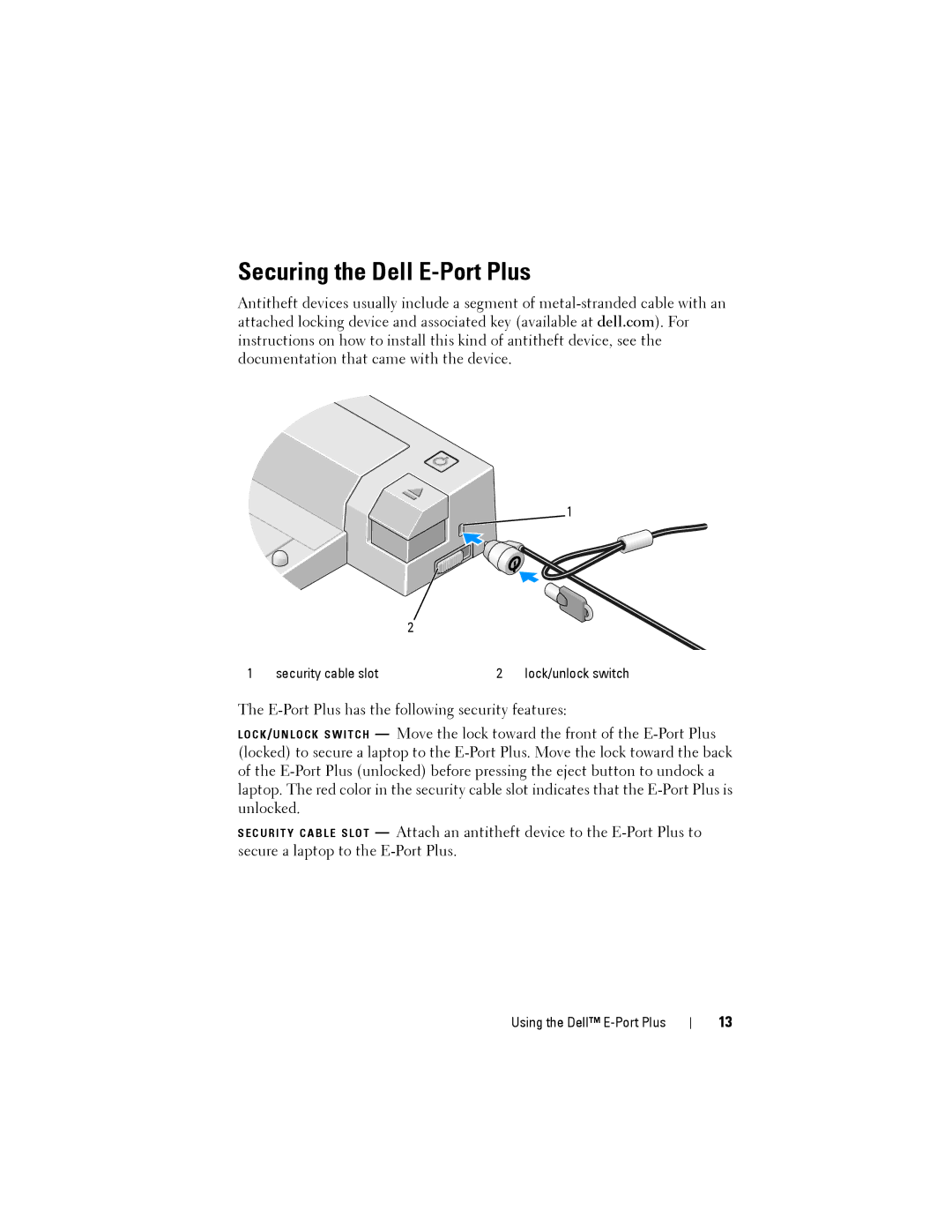 Dell PRO2X manual Securing the Dell E-Port Plus 