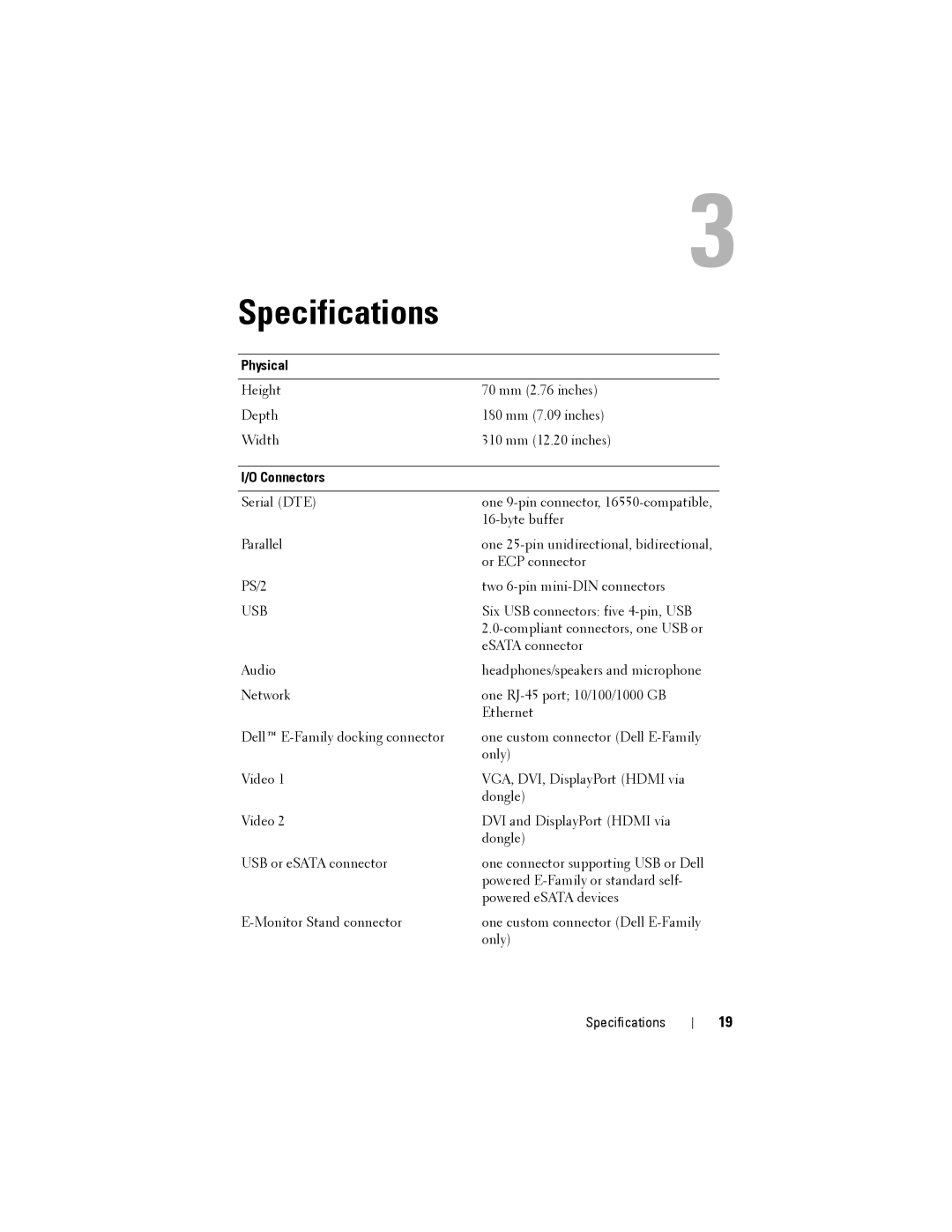 Dell PRO2X manual Specifications, Physical, Connectors 