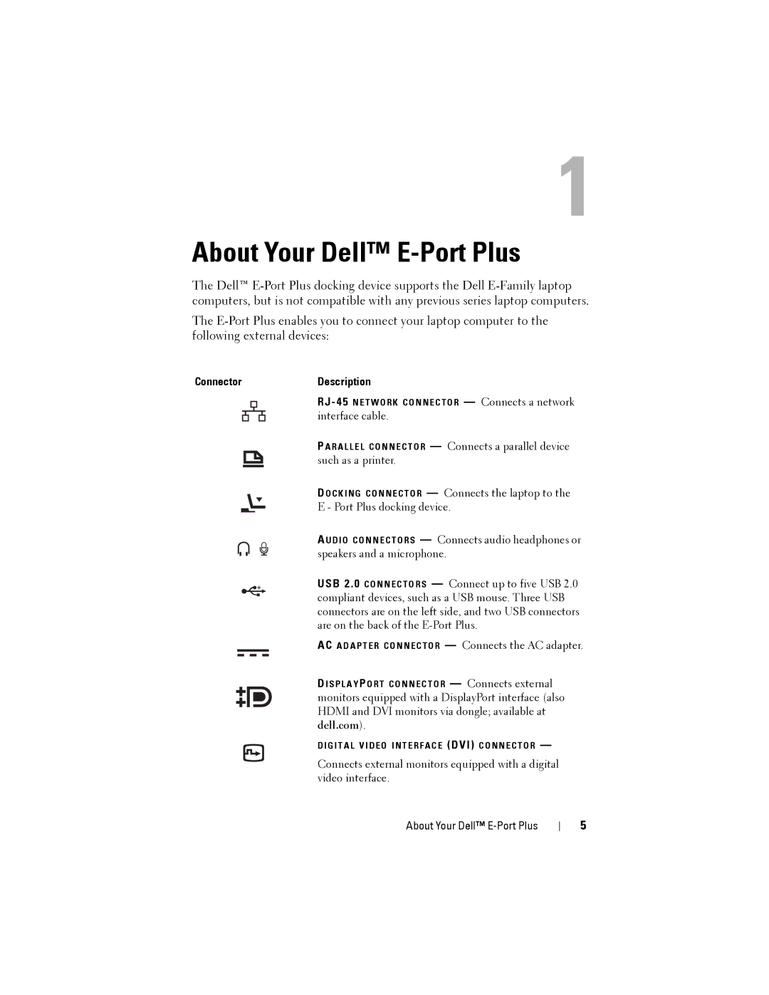 Dell PRO2X manual About Your Dell E-Port Plus, Connector Description 