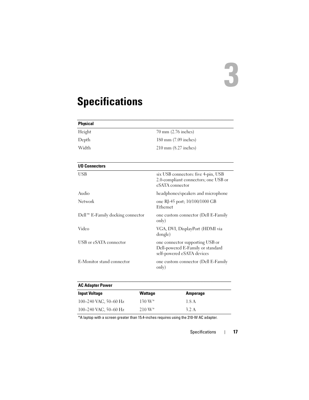 Dell PRO3X manual Specifications, Usb 