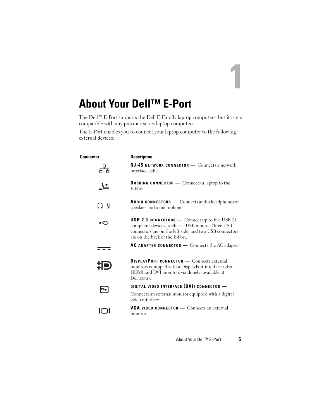 Dell PRO3X manual About Your Dell E-Port, ConnectorDescription 