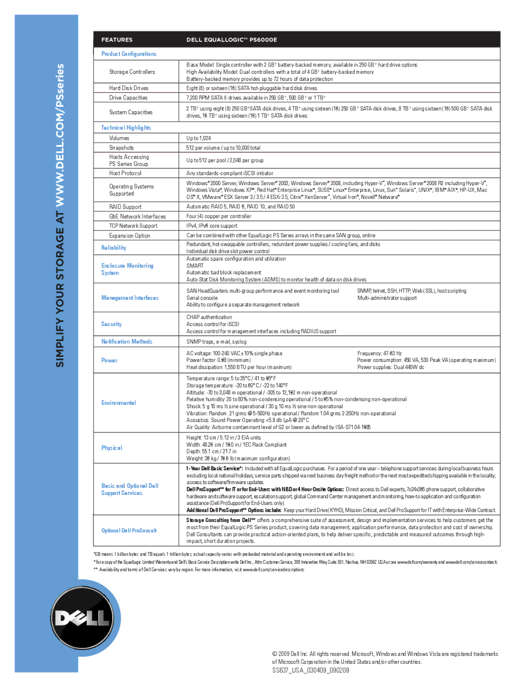 Dell PS6000E Product Configurations, Technical Highlights, Reliability, Enclosure Monitoring, System, Security, Power 