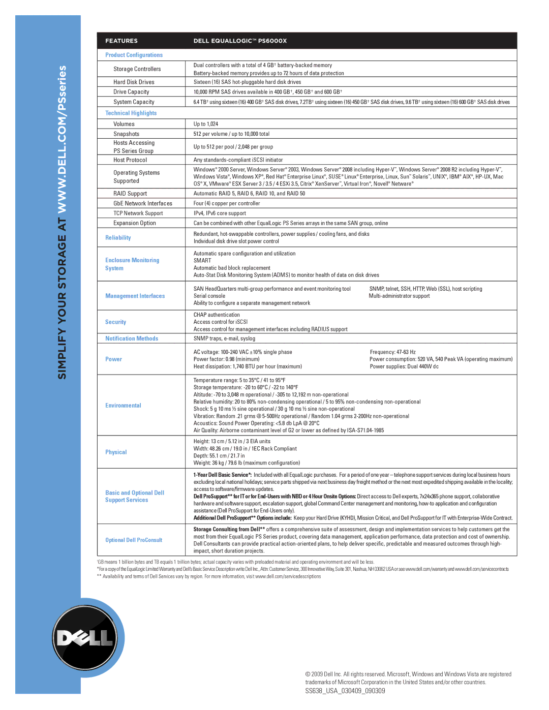 Dell PS6000X Product Configurations, Technical Highlights, Reliability, Enclosure Monitoring, System, Security, Power 