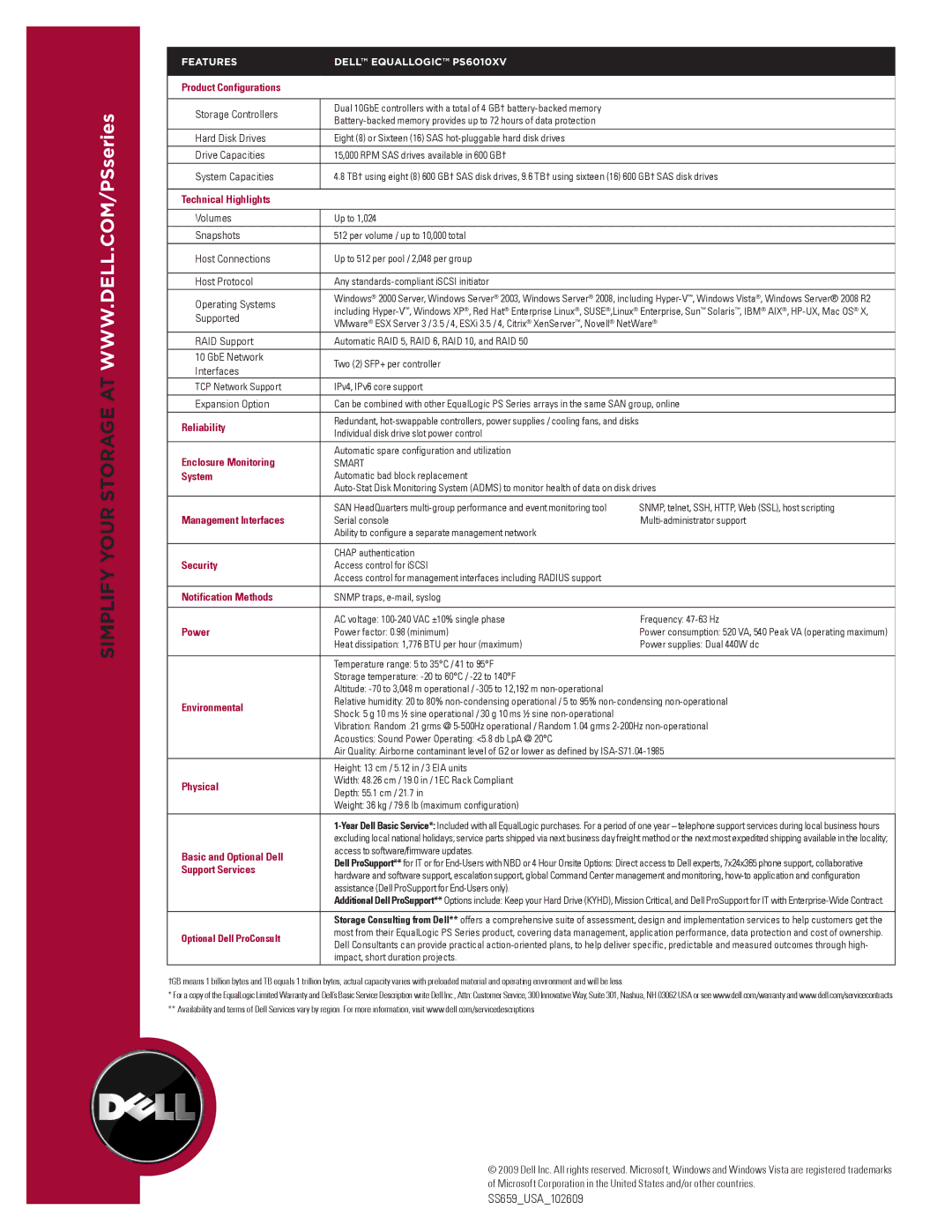 Dell PS6010XV Product Configurations, Technical Highlights, Reliability, Enclosure Monitoring, System, Security, Power 