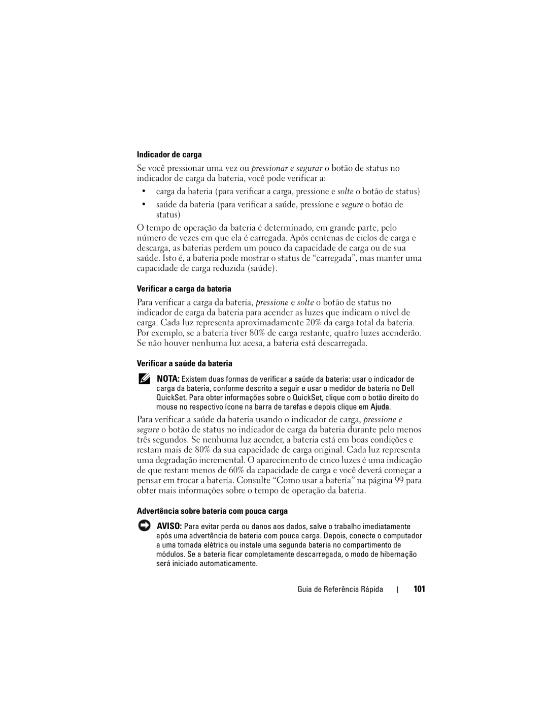 Dell PT052 manual Verificar a saúde da bateria, Advertência sobre bateria com pouca carga, 101 