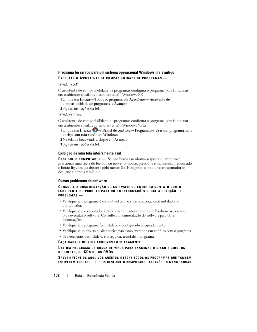 Dell PT052 manual Exibição de uma tela inteiramente azul, Outros problemas de software, 108 