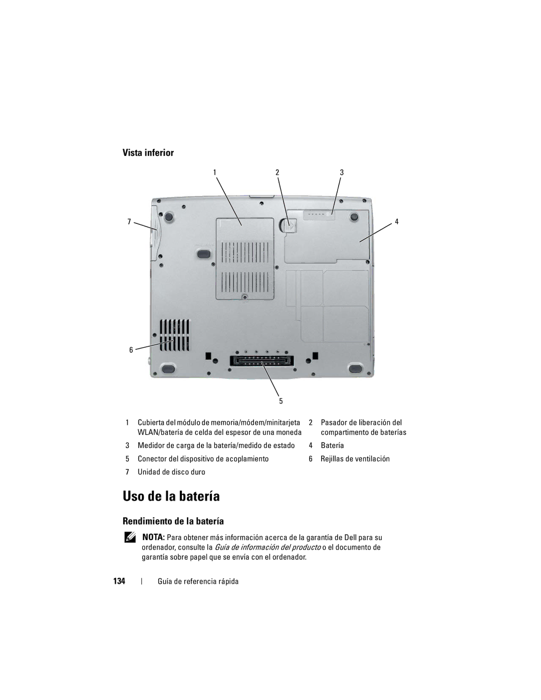 Dell PT052 manual Uso de la batería, Rendimiento de la batería, 134, Batería 