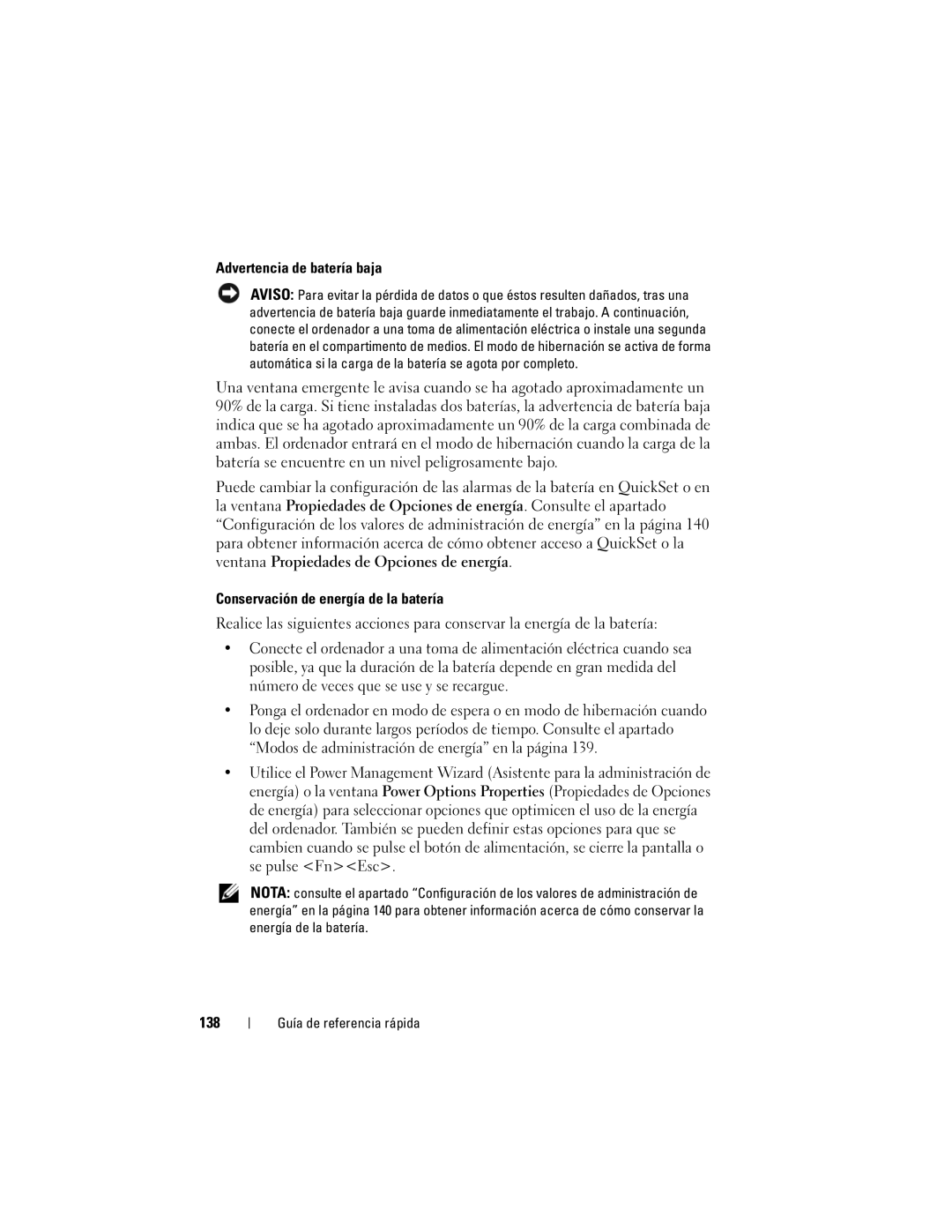 Dell PT052 manual Advertencia de batería baja, 138 