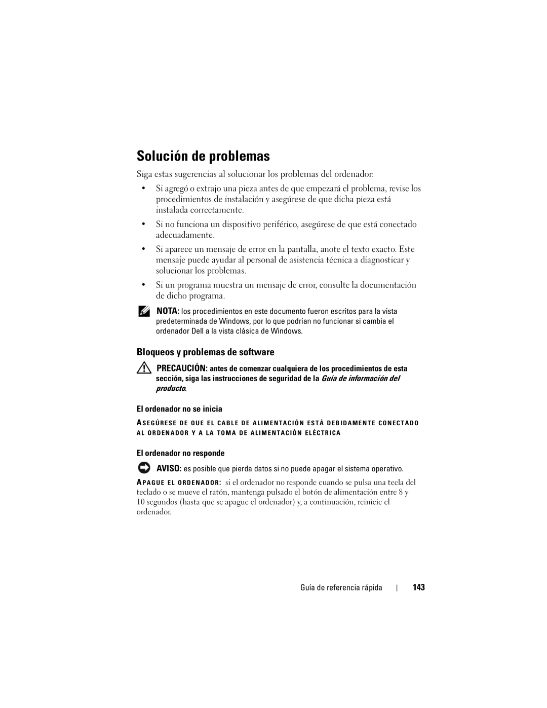 Dell PT052 Solución de problemas, Bloqueos y problemas de software, El ordenador no se inicia, El ordenador no responde 