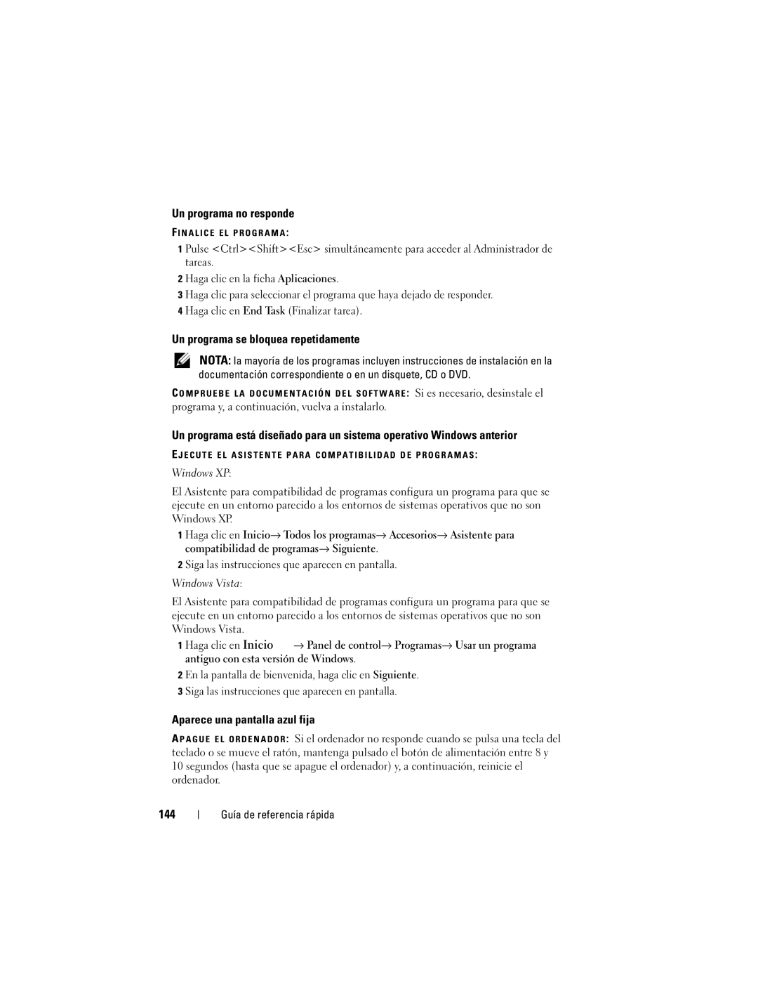 Dell PT052 manual Un programa no responde, Un programa se bloquea repetidamente, Aparece una pantalla azul fija, 144 