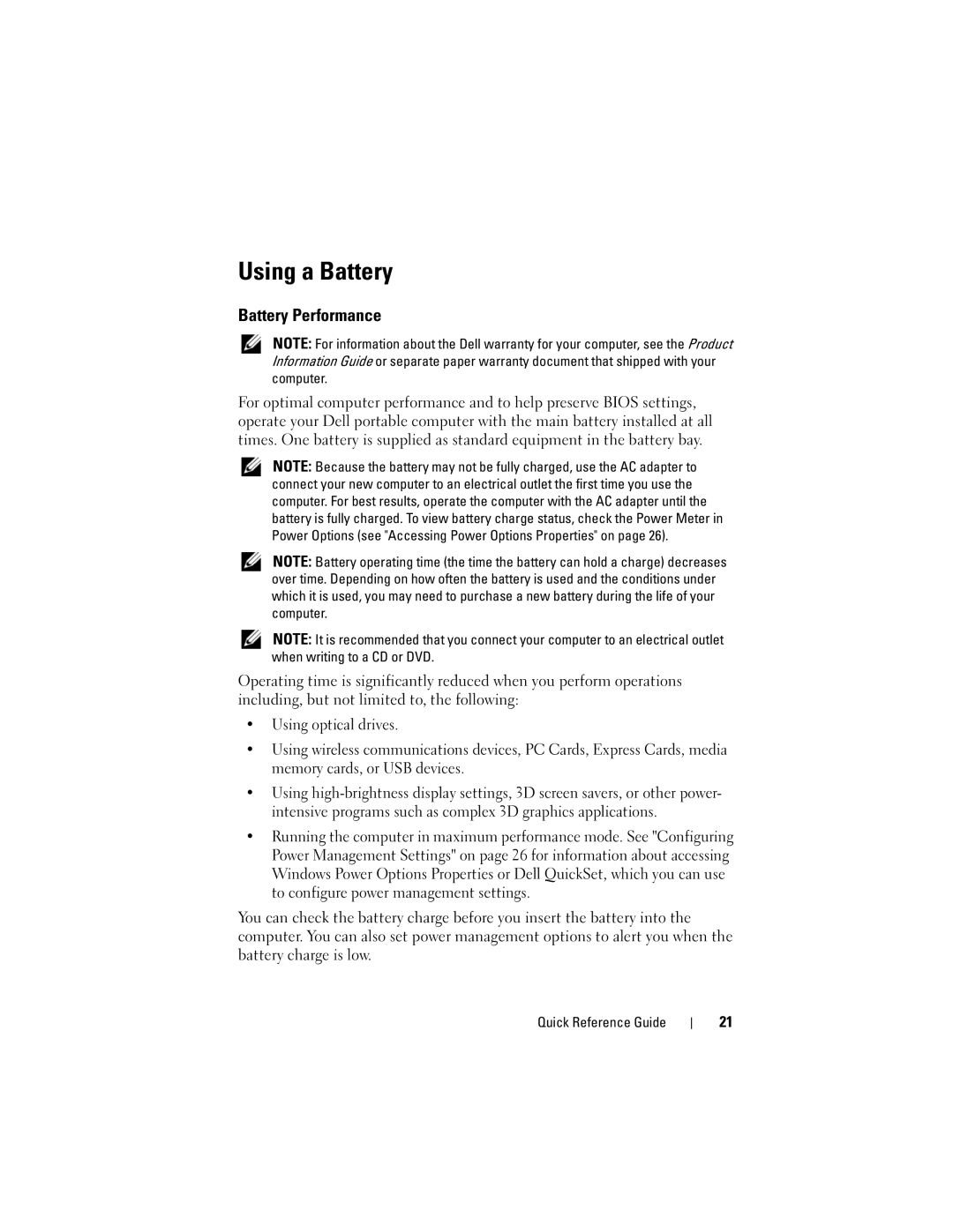 Dell PT052 manual Using a Battery, Battery Performance 