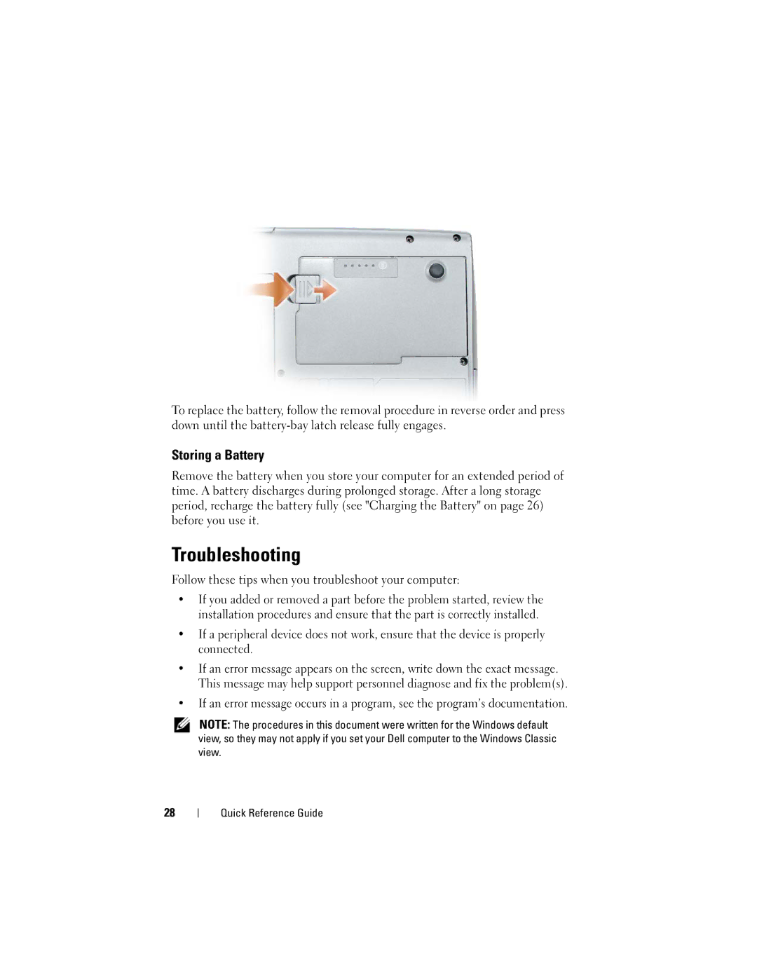 Dell PT052 manual Troubleshooting, Storing a Battery, Follow these tips when you troubleshoot your computer 