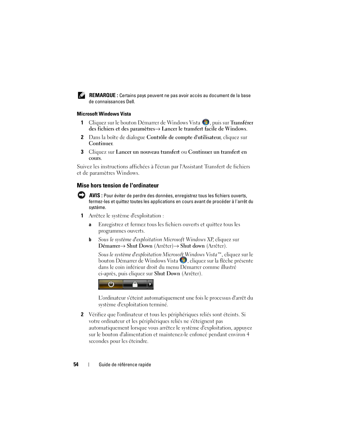 Dell PT052 manual Mise hors tension de lordinateur, Microsoft Windows Vista 