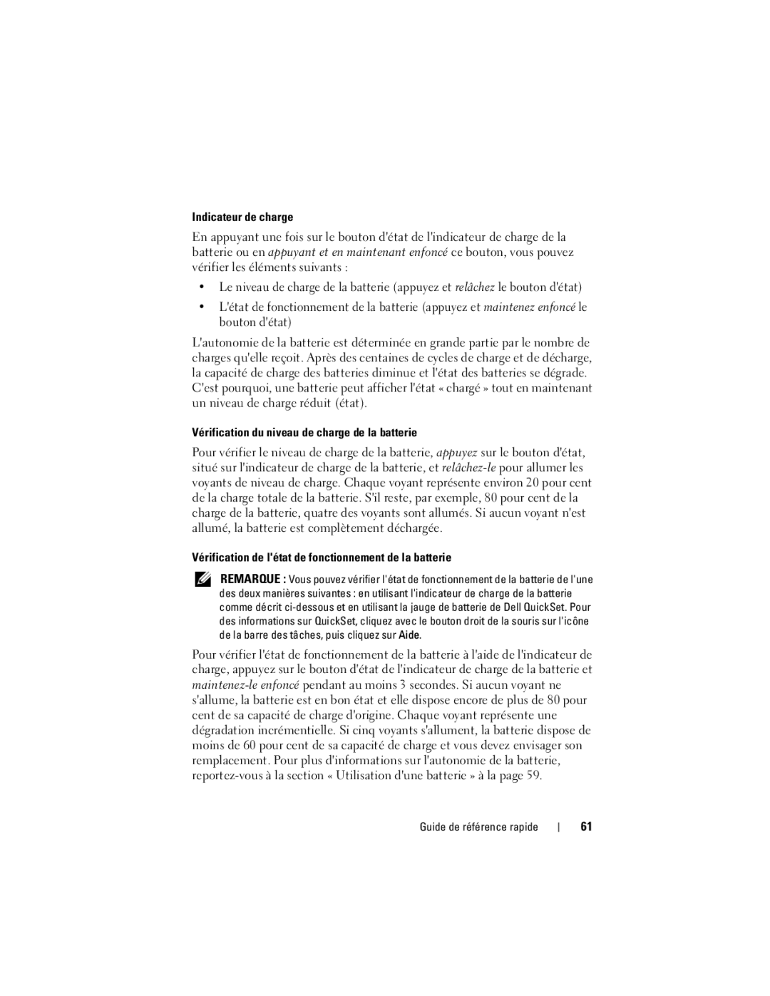 Dell PT052 manual Vérification de létat de fonctionnement de la batterie 