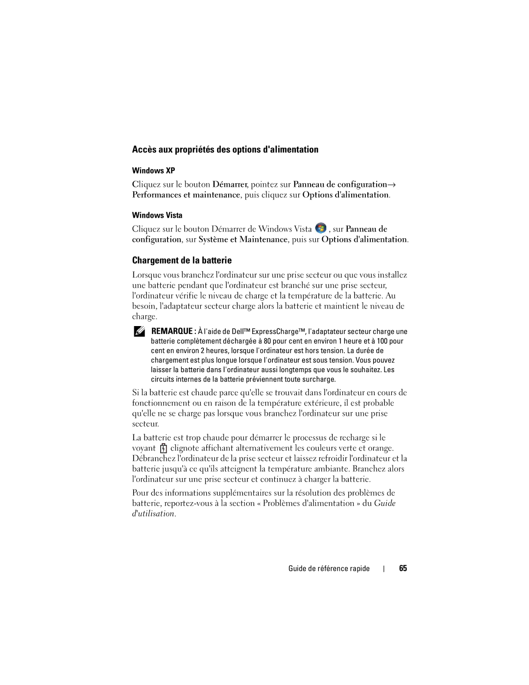 Dell PT052 manual Accès aux propriétés des options dalimentation, Chargement de la batterie, Windows XP 