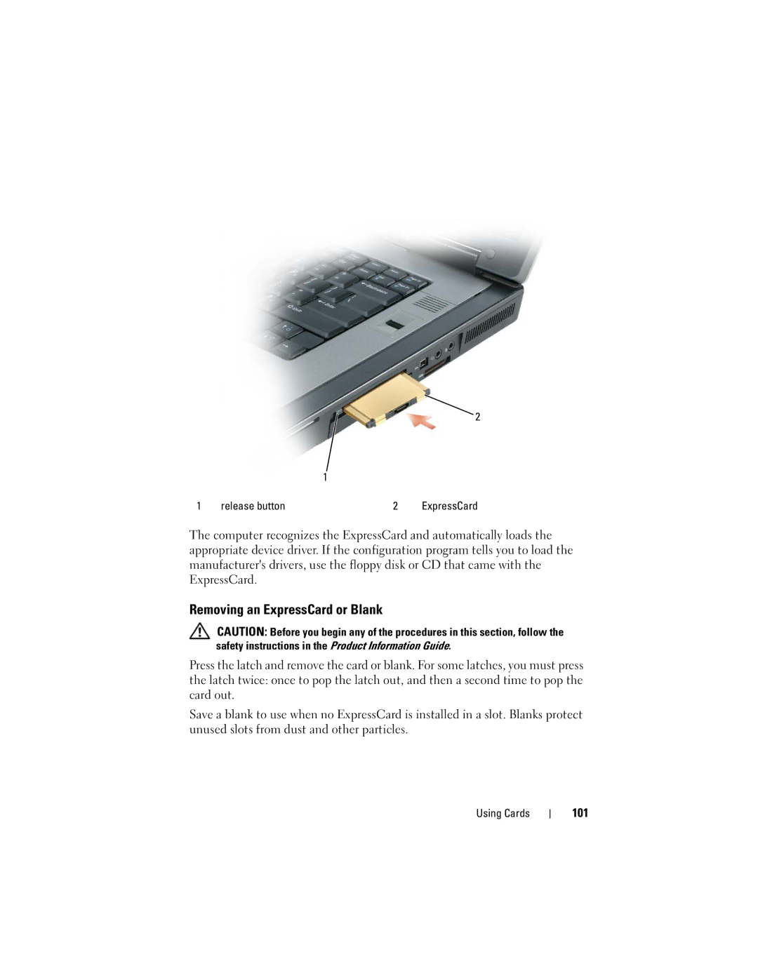 Dell PY760 manual Removing an ExpressCard or Blank, 101, Release button 