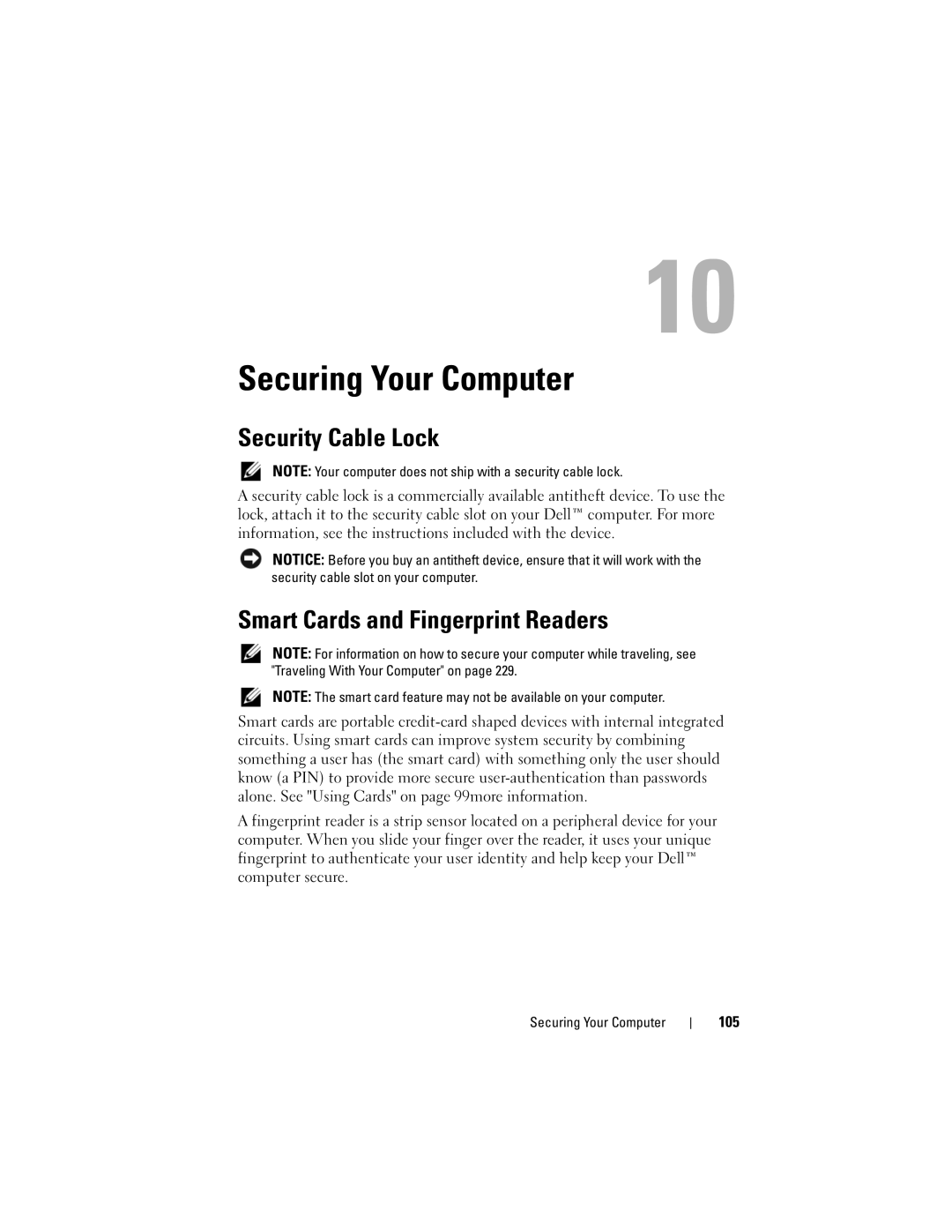 Dell PY760 manual Securing Your Computer, Security Cable Lock, Smart Cards and Fingerprint Readers, 105 