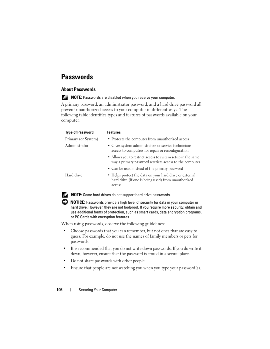 Dell PY760 manual About Passwords, When using passwords, observe the following guidelines, 106 