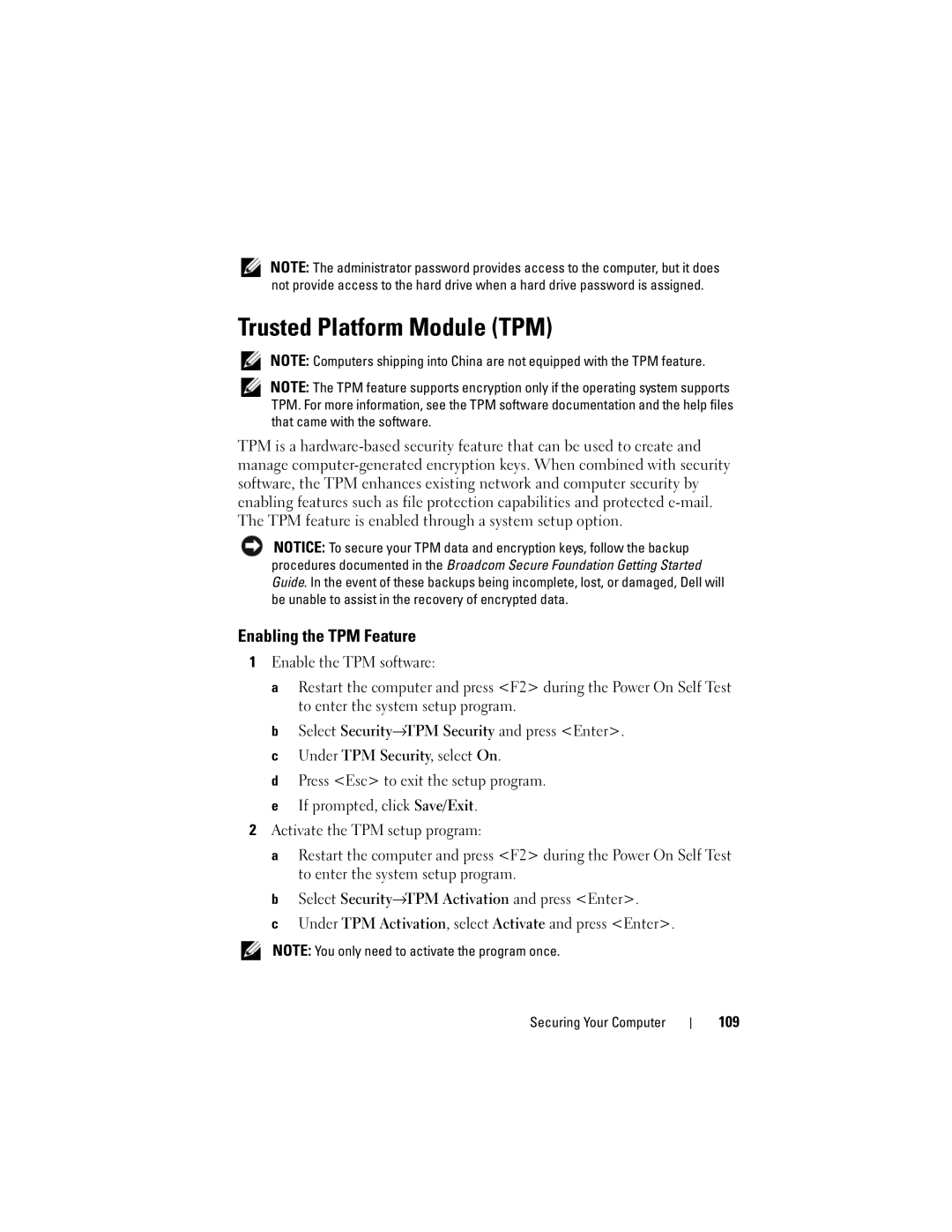 Dell PY760 manual Trusted Platform Module TPM, Enabling the TPM Feature, 109 