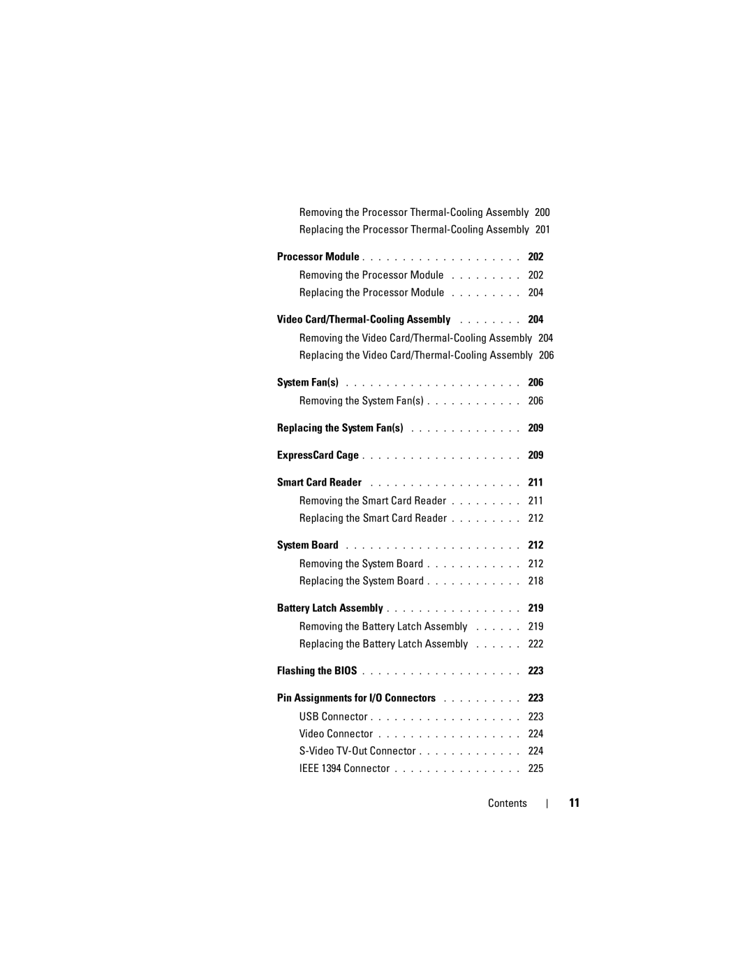 Dell PY760 manual 202, Removing the System Fans 206 Replacing the System Fans 209, 211, 219, 223, 224, 225 