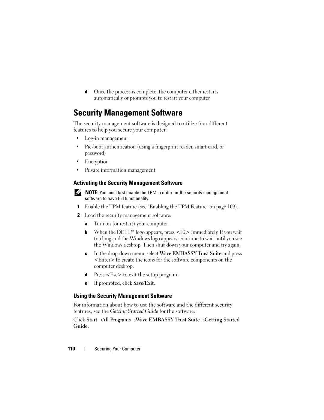 Dell PY760 manual Activating the Security Management Software, Using the Security Management Software 