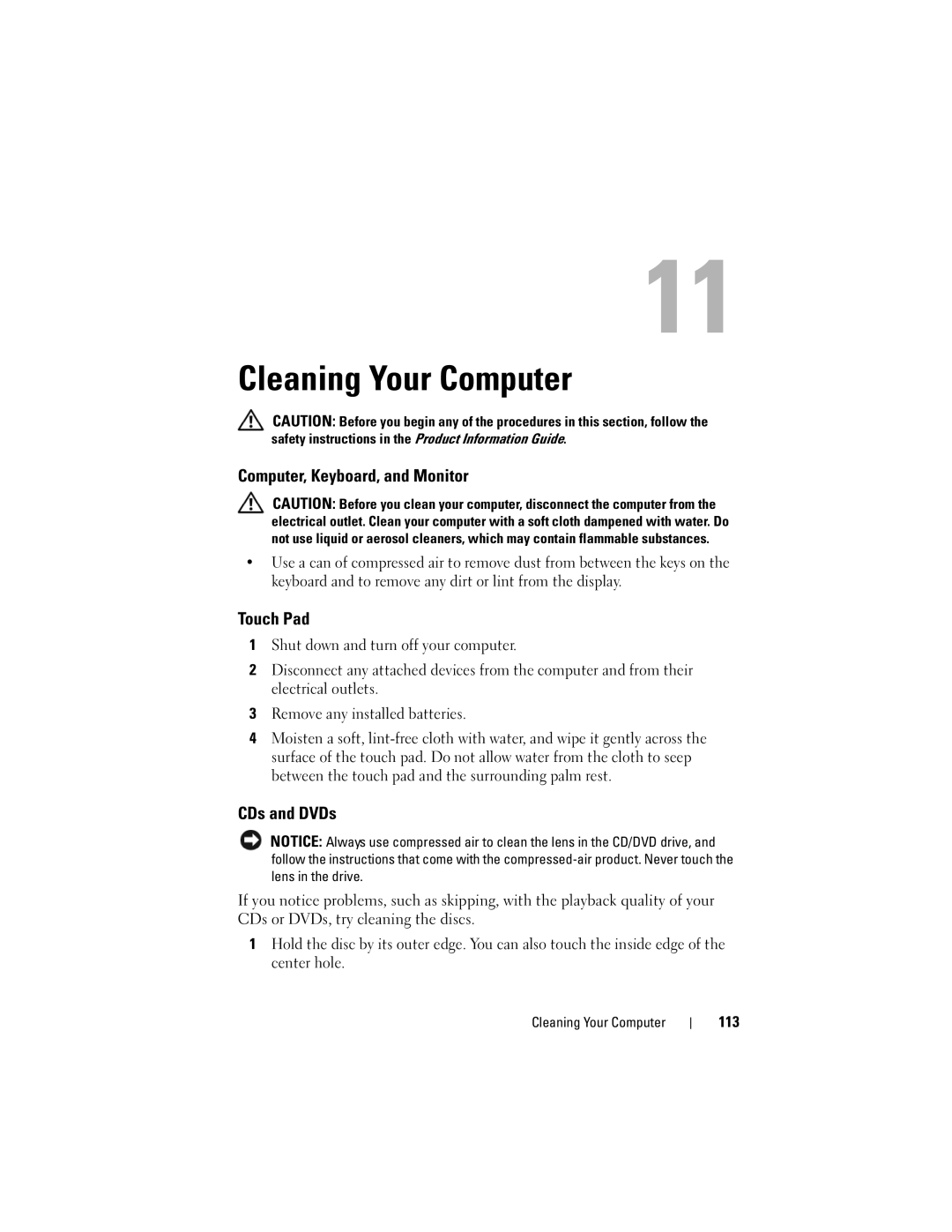 Dell PY760 manual Cleaning Your Computer, Computer, Keyboard, and Monitor, Touch Pad, CDs and DVDs 