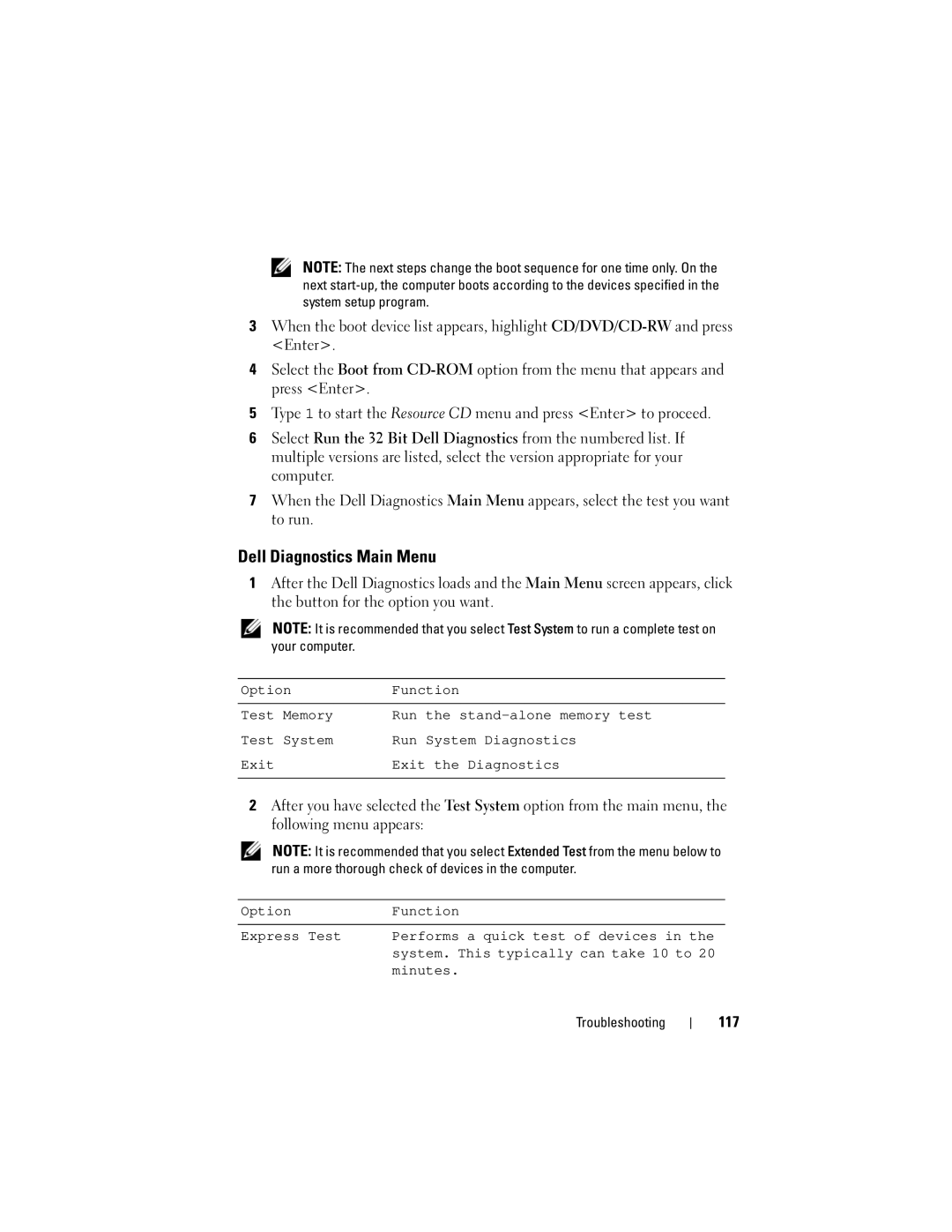 Dell PY760 manual Dell Diagnostics Main Menu, 117 