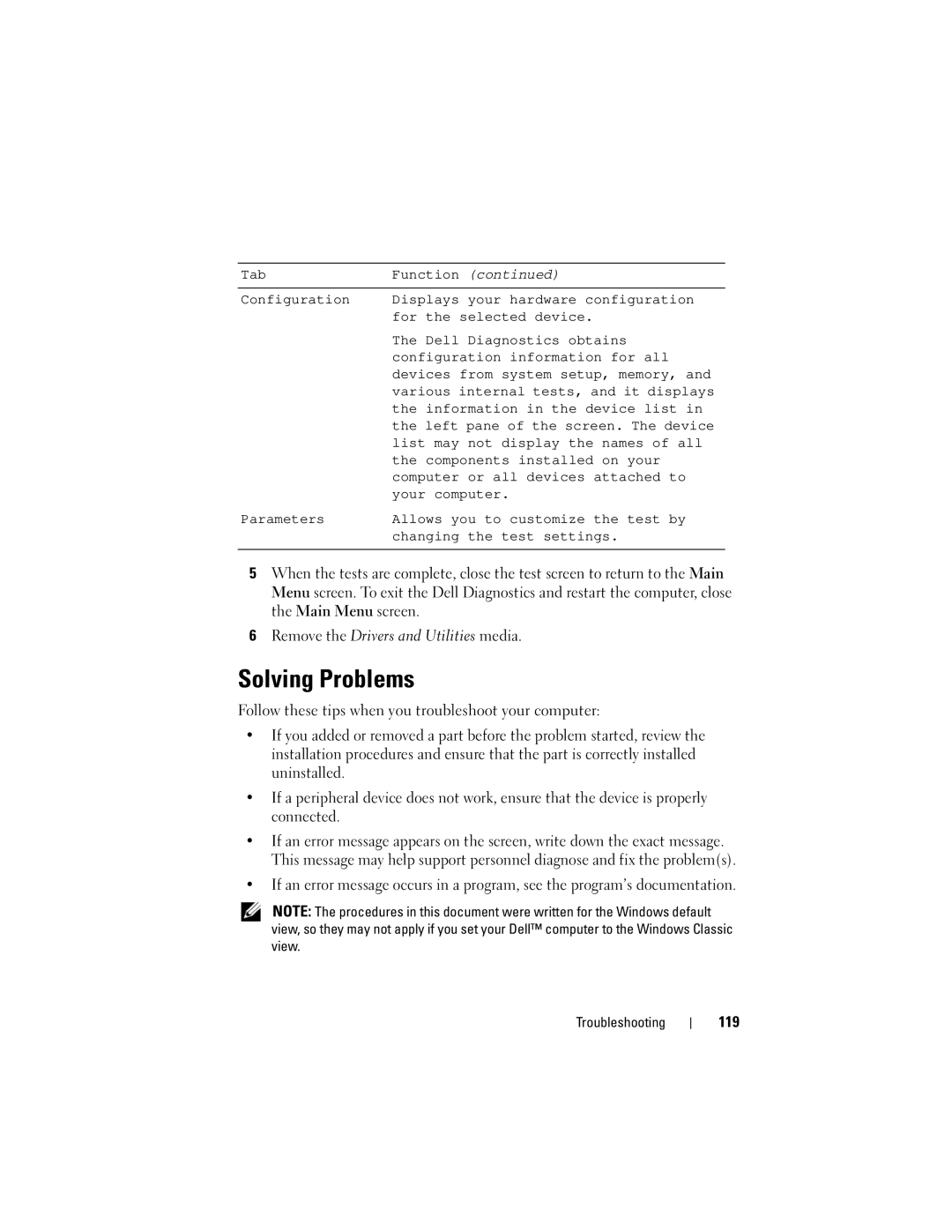 Dell PY760 manual Solving Problems, Follow these tips when you troubleshoot your computer, 119 