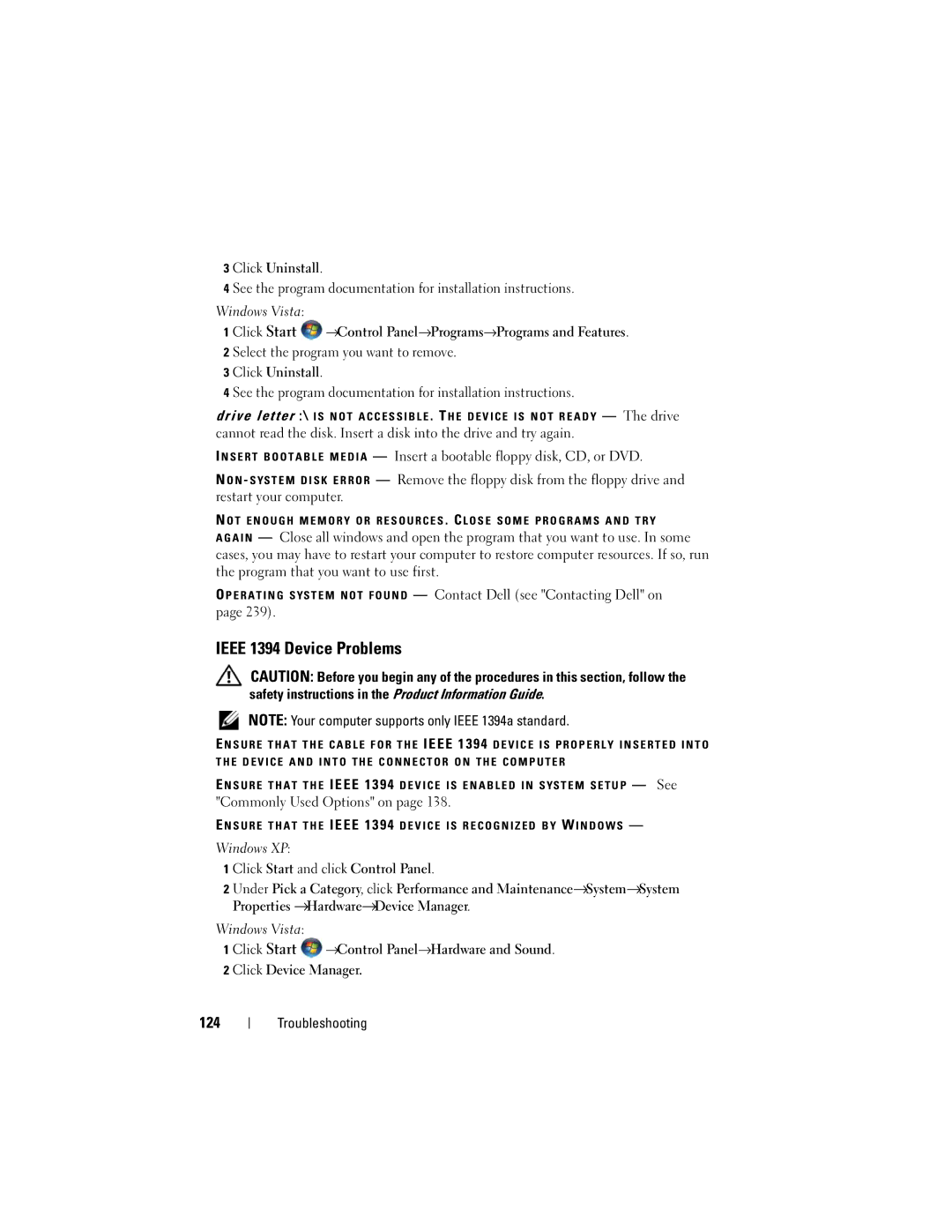 Dell PY760 manual Ieee 1394 Device Problems, 124, Windows XP Click Start and click Control Panel 