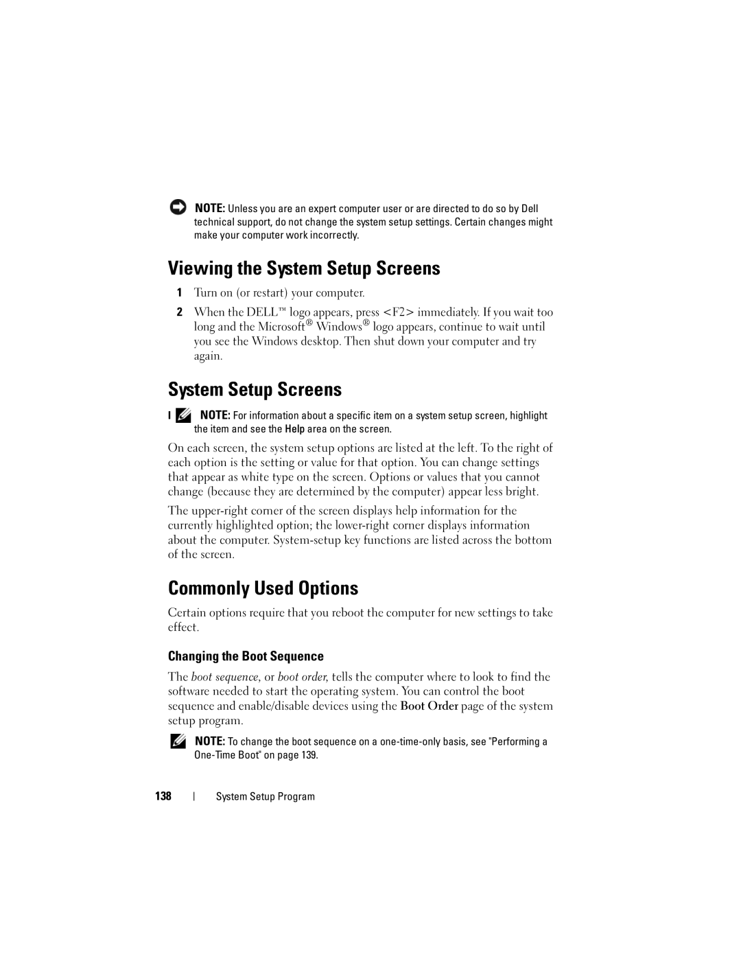 Dell PY760 manual Viewing the System Setup Screens, Commonly Used Options, Changing the Boot Sequence 