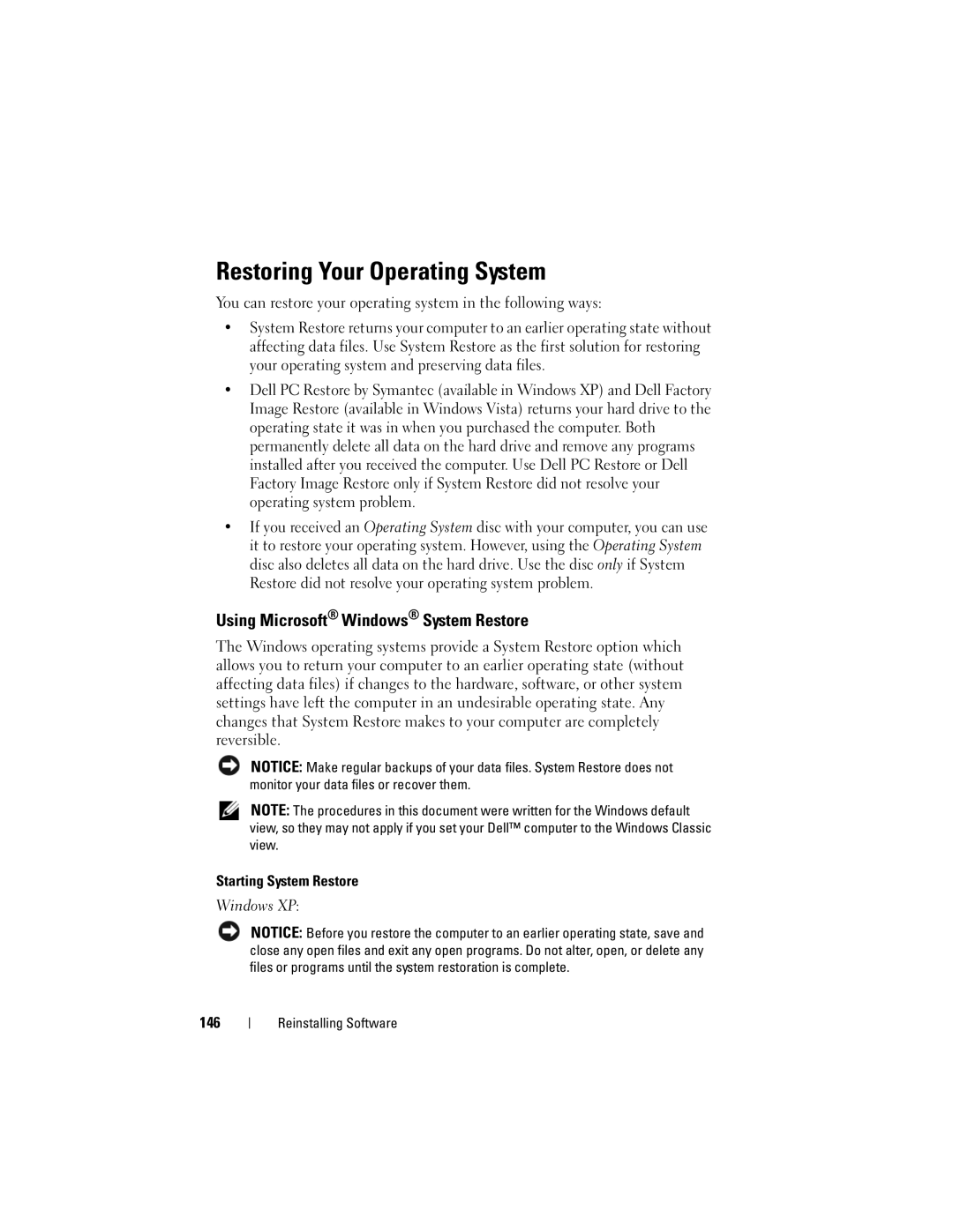 Dell PY760 manual Restoring Your Operating System, Using Microsoft Windows System Restore 