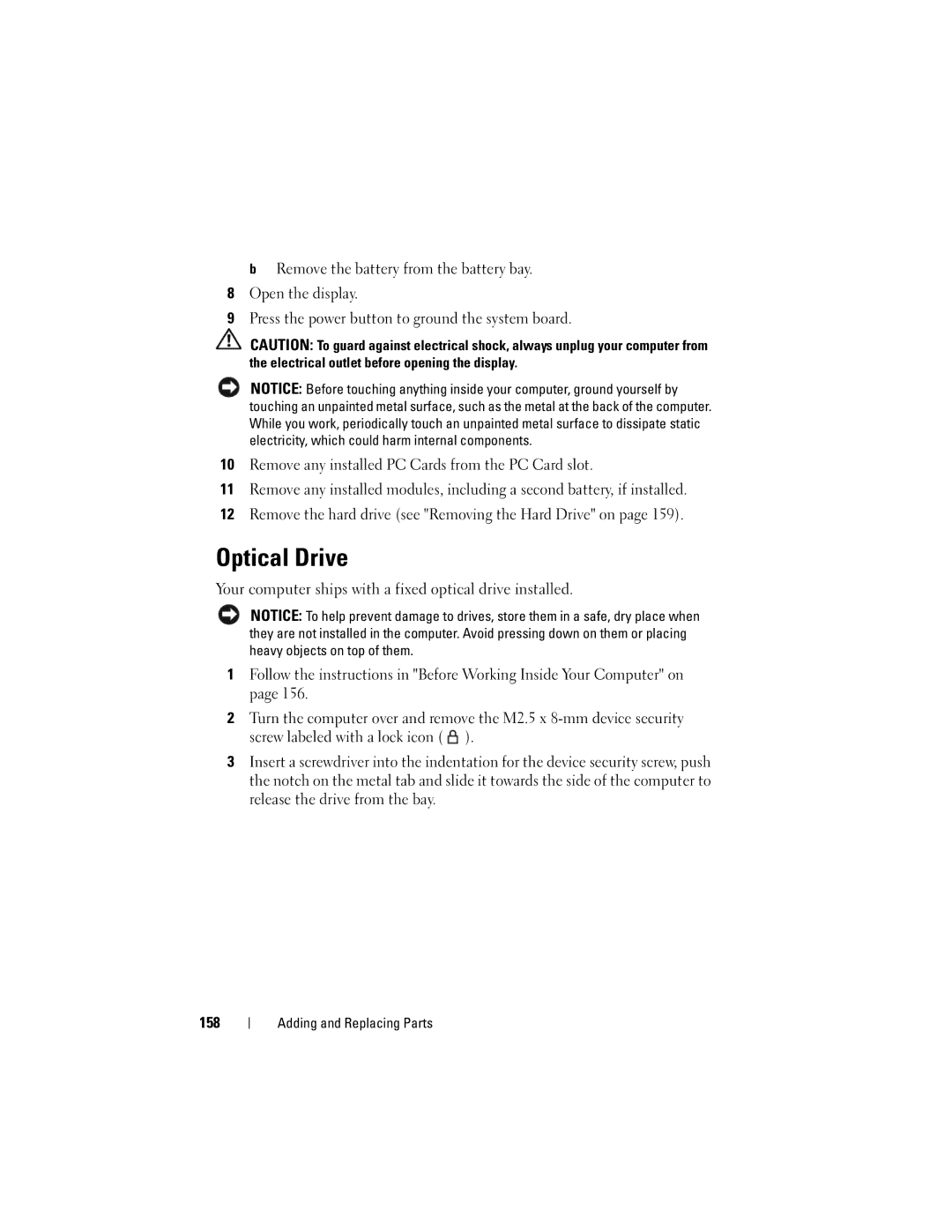 Dell PY760 manual Optical Drive, Your computer ships with a fixed optical drive installed, 158 